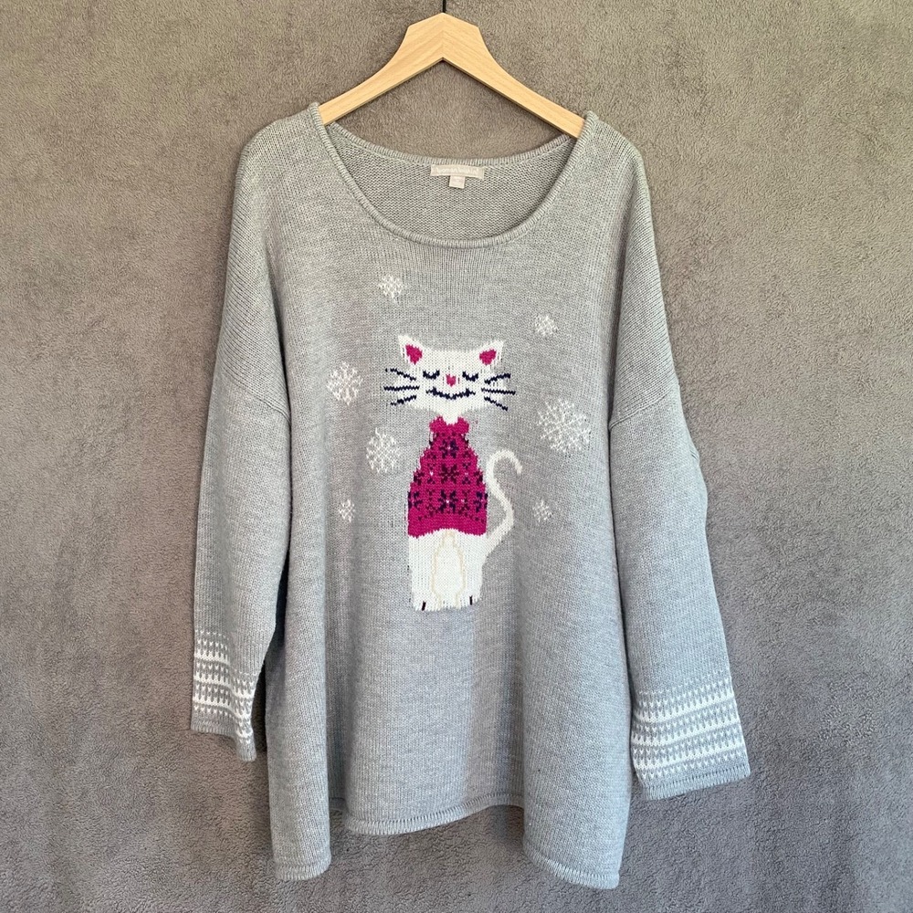 Woman Within Womens Cat Sweater Size 3X Tight Knit Snowflakes Novelty Winter